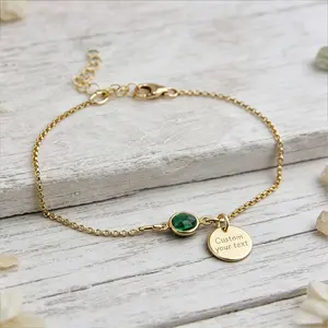 Personalized Emerald May Birthstone Bracelet, Engraved Name/Pet Charm Jewelry Gift for her/him