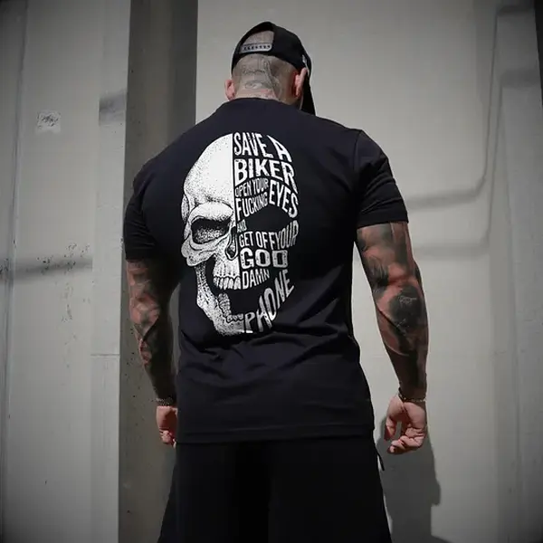 Men's Classic Unisex Cotton Fabric Short-Sleeve Crewneck T-Shirt - "Save A Biker Open Your Eyes And Get Off Your Damn Phone" Graphic, Vintage Casual Streetwear Shirts Top