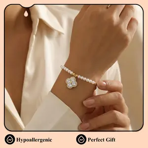 14k Gold Plated Brass Faux Pearl & CZ Clover Bracelet Adjustable Bolo Style Dainty Everyday Luxe Hypoallergenic Perfect Gift