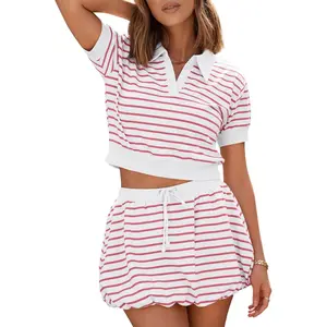 Fisoew Womens Striped 2 Piece Outfits Skort Set Short Sleeves Shirts Bubble Mini Skirt Sets Matching Sets #SummerVibes