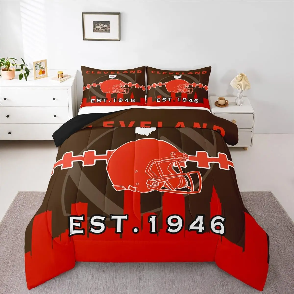 Feelyou Microfiber Football Bedding Set - Red Black Comforter Set with Duvet Insert for Youth Cleveland Football Lovers, Microfiber Bedding Set