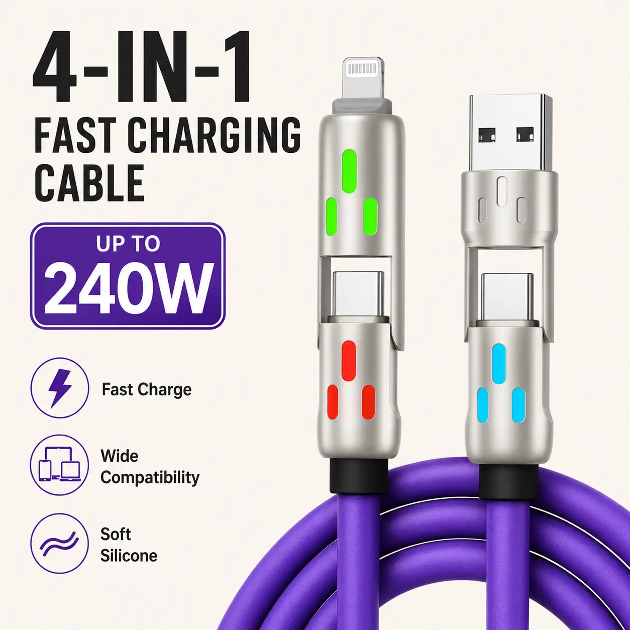 [Dealsforyou] 4-Mode Charging & Data Cable, 240W Max USB-C to USB-C, USB-A and 8-Pin Options, LED Metal Shell