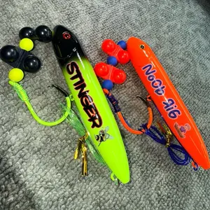Noob and Stinger 2 Pack:   Large Noob (13cm) on 8/0 orange fluorescent hook and 100 pound blue mono leader line and Stinger (13cm) on 6/0 yellow fluorescent hook on 100 pound yellow mono leader line