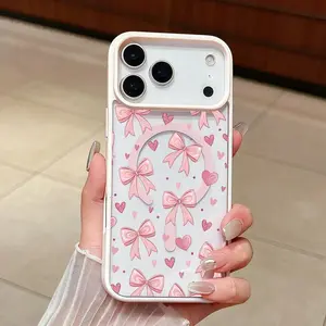 Personality Cartoon Pink Bow Hearts for iPhone 17 17 Pro 17 Air 17 Pro Max And 16 15 14 Plus 16 15 14 13 12 Pro Max with Fashion Full cover protective  anti fall and anti slip TPU soft  Creative dopamine color mobile phone  Matching Pink Bow H Case