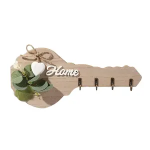 Wooden Key Holder with 4 Hooks, 1 Count Wall Mount Design Wall Mounted Key Hanger with Greenery Decor, Home Decor for Kitchen, Living Room, Bedroom, Cute Room Decor, Shelves, Decoration Items, Hanging