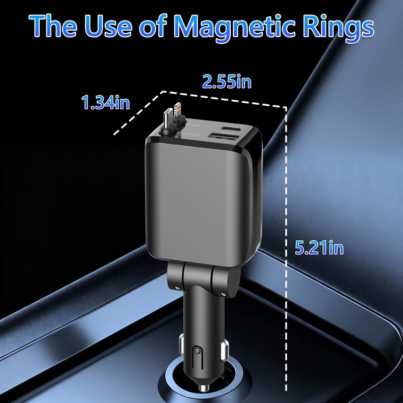 4 in 1 Retractable Car Charger, USB C Fast Charging Adapter with Lightning Cable Compatible with iPhone 16/15/14/13 Pro Max Plus, Samsung S23/S22/S10