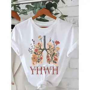 T - Shirt with Spiritual Symbolism: Lungs Graphic Adorned with Flowers and the Text 'YHWH' for a Devotional Look