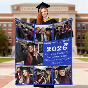 Personalized Graduation Blanket 2026 with Photo and Text - Customized School Name/Class Photo, Suitable for High School/College Graduation Gifts, Soft Blanket for Camping, Christmas, Valentine's Day, Mother's Day with School Emblem