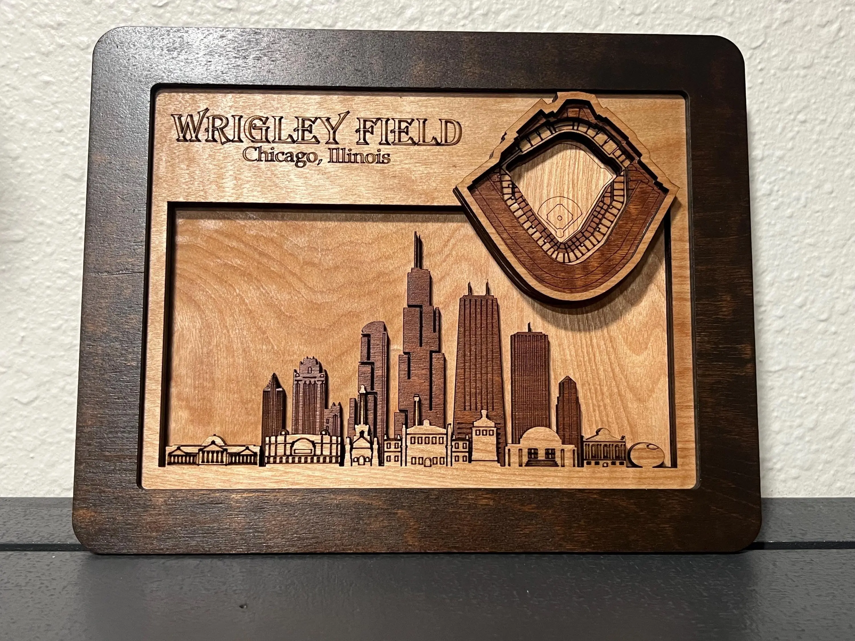 Handcrafted 3D Wood Artwork - Chicago Cubs Wrigley Field Stadium Decor, Framed (Note: "Frameless" keyword is mutually exclusive with core "Framed" feature, marked as input inconsistency)