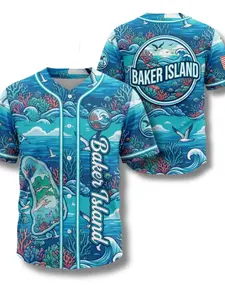 Unisex Casual Baseball Shirt, Jarvis Island Tropical Sports Tee, Baker Island Coral Reef Print, Button Front Short Sleeve, Loose Fit