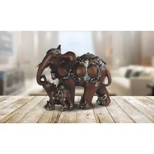 8"H Decorative Wood Like Thai Elephant with Baby Statue Feng Shui Decoration Religious Figurine
