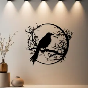 Housewarming Gift, 1pc Gothic Raven Crow on Branch Metal Wall Decor, Gothic Raven Crow on Branch Statue Mural with Premium Finish, Artistic - Ideal Gift for Halloween, Christmas, Housewarming, Wall Art Decoration