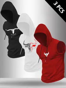 Men's Bull Head Print Hooded Tank Top, Regular Fit Casual Comfy Sleeveless Top for Summer, Men's Clothes for Outdoor Workout, Menswear, Casual Sportswear, Casual Sports Hoodie