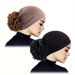 [Popular] Women's Floral Headscarf Caps, Breathable Polyester, Elastic Band, Knitted - 2pcs Set Hijabi Muslim