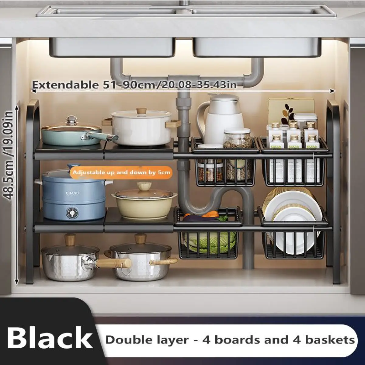 Expandable Under Sink Organizer, 2 Tier Under Sink Shelf with 4 Removable Baskets and 4 Removable Panels for Cabinet Sink Cloakroom Wardrobe Closet Storage summerwins