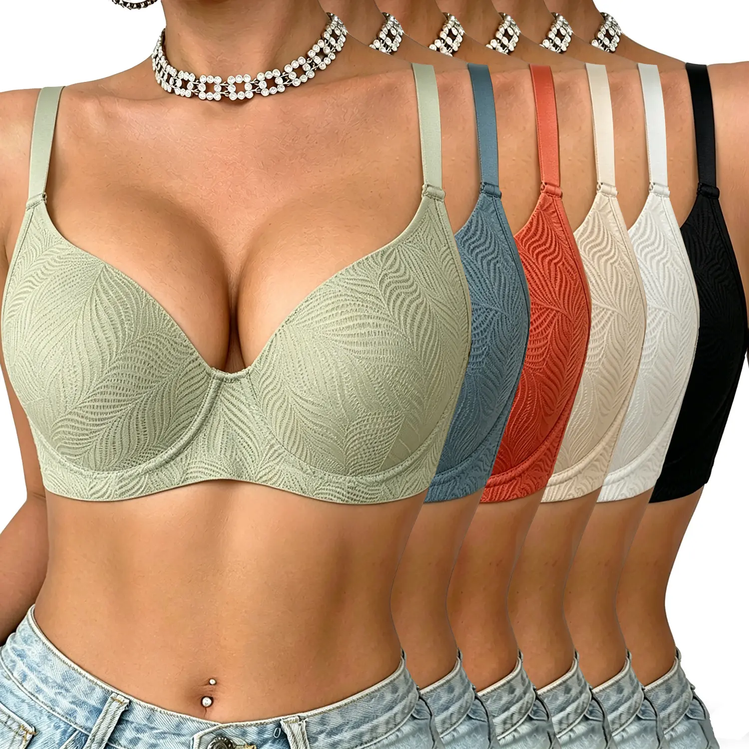 6pcs Solid Jacquard Underwire Bra Set - Seamless & Supportive - Adjustable,Womenswear Everyday Luxurious, Push Up for EnhancedCleavage-Comfortable, Breathable Lingerie for Daily Wear- Women's Intimate Collection，V-Neck Sexy Wired Bras