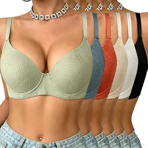 6pcs Solid Jacquard Underwire Bra Set - Seamless & Supportive - Adjustable,Womenswear Everyday Luxurious, Push Up for EnhancedCleavage-Comfortable, Breathable Lingerie for Daily Wear- Women's Intimate Collection，V-Neck Sexy Wired Bras
