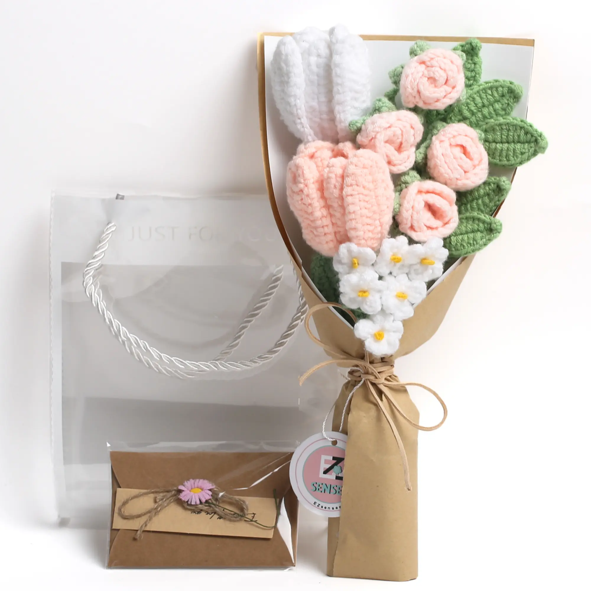 Handmade Yarn Decorative Flower Bouquet - Colorful Fake Flower Ornaments Set with Greeting Card, Gift Bag, Light Blue Knitted Rose & Tulip for Mother's Day, Weddings