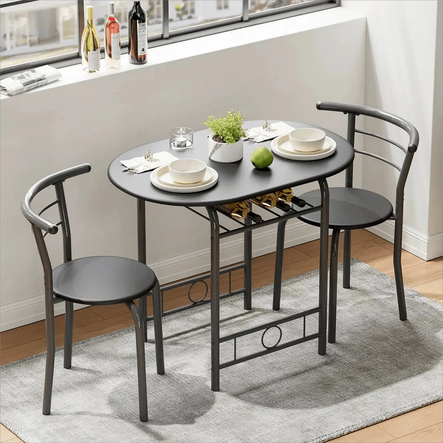 3-Piece Contemporary Wood Grain Indoor Dining Furniture Set - Iron & MDF Table with Chairs, Lower Shelf Space-Saving Storage for Small Dining Rooms