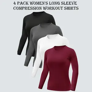 Veldtholos Women's 4 Pcs Long Sleeve Basic Shirts Crew Neck Slim Fitted Compression Workout Underscrubs Tops for Layering