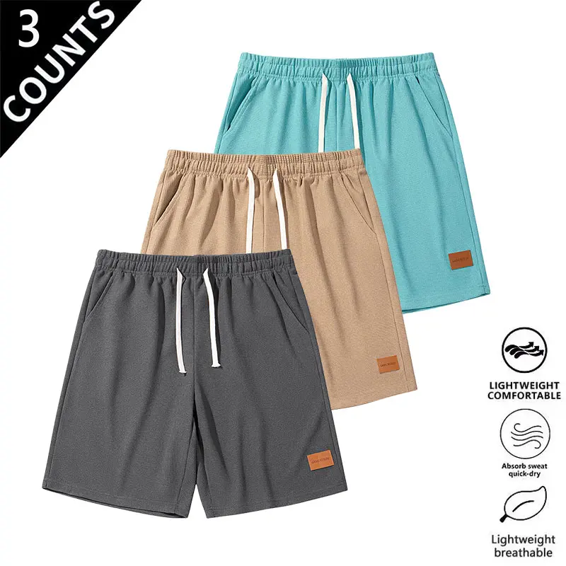 3-Pack Men’s Waffle Casual Shorts  Loose Fit, Breathable, Quick-Dry Athletic Bermuda Shorts for Summer, Comfortable and Versatile Mid-Length Shorts