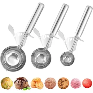 THE WELL KEPT Cookie Scoops Set of 3 Ice Cream Scoop with Trigger 18/8 Stainless Steel, 3PCS Different Size Cupcake Scoop for Baking Mashed Potatoes Meatball Watermelon Muffin Batter Measuring (4oz + 2oz + 0.8oz)