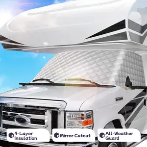 RV Windshield Cover, 4-Layer Insulated Sunshade for Class C Motorhome, UV Block Heat Insulation Front Window Cover with Mirror Cutout, All-Weather Snow Frost Protection for RV Camper Van