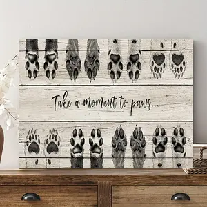 1 Piece Wooden Frame Canvas Painting Dog Lover Logo Art Print Wall Art Bedroom Living Room Decoration Stop and Rest Logo, Pet Paw Print Artwork Footprint Canvas Print with Frame Ready to Hang Gift