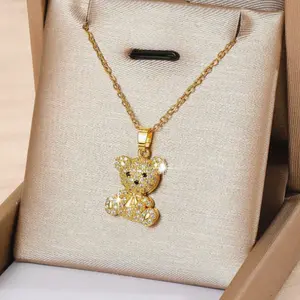 Cute 18k Gold Plated Delicate Cubic Zirconia Decorative Bear Necklace for Teen Girls Fashion Party, Street Jewelry, Holiday, Daily Accessory and Valentine's Day Gift for Girlfriend