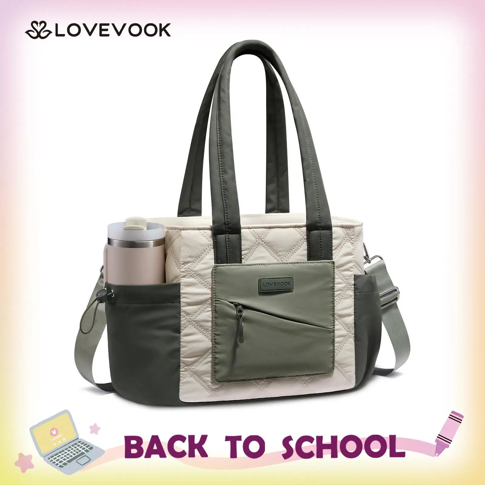LOVEVOOK Lunch Box for Women, Quilted Insulated Lunch Bag Tote with 40oz Water Bottle Holder, Large Leakproof Cooler Bag for Women with Shoulder Strap, Work Office Nurse Teacher Picnic Travel