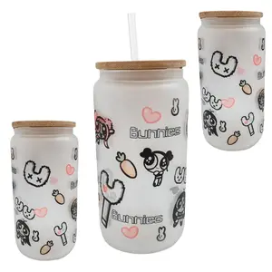 Bunnies / NewJeans inspired  Frosted Glass 16 oz Cup Can Tumbler with Bamboo Lid and Straw | super shy tumbler - cup