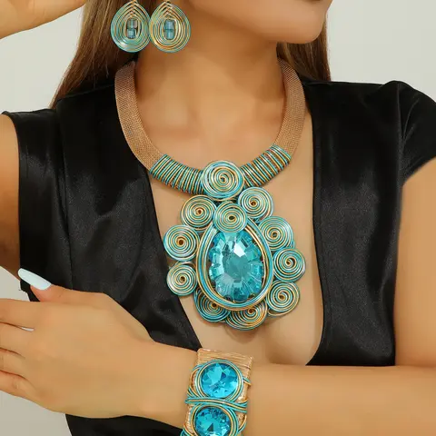 Handmade Creative Aluminum Wire Wrapped & Artificial Crystal Inlaid Large Necklace & Earrings & Open Bracelet Set, Unique Jewelry Gift