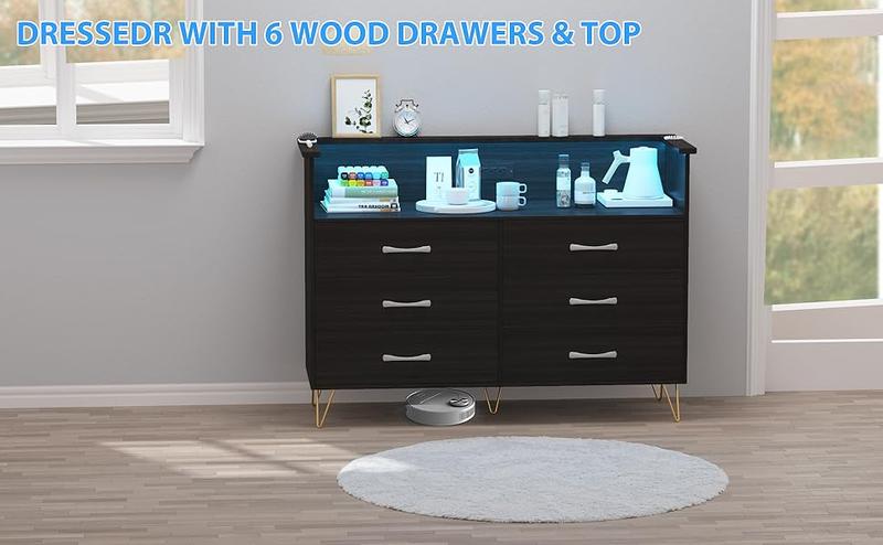 GARVEE Dresser with LED Light for Bedroom 6 Drawer, Wooden Dressers with Charging Station, Large Double Dresser with Wide Drawers, Modern Chests of Drawers for Living Room, Hallway, TV Stand
