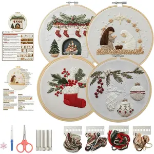 4 Sets Easter Embroidery Kit,  Stitch Kits, Embroidery Kit for Beginners with ,Tools and Teaching Instructions (Ornaments+Stocking+Fireplace+Nativity Manger)