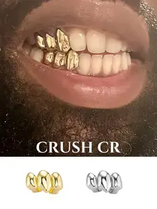 CRUSH CR 18K Gold Plated Irregular Surface Triple Tooth Grillz for Woman Man Felmale Girl, Bold Design in Gold and Silver, Perfect for Hip Hop Concerts, Club Nights and Edgy Streetwear Fits, Great for Casual Streetwear, Brunch Dates and Music Festivals