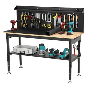 ENJOYWOOD 60'' Heavy Duty Workbench 3000 LBS Load Capacity Adjustable Height Garage Work Bench with Pegboard, Storage Shelf, Power Outlets and LED Light