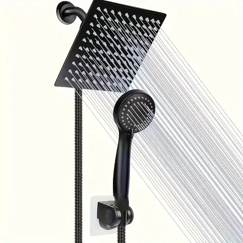 High-Pressure Shower Kit with 8-Inch Handheld Shower Head, 3 Spray Modes, 3-Way Diverter, Sticky Stand, Filter, Wall Mount, Plastic & Stainless Steel Bathroom Accessories, G 1/2 Connection Thread, Teflon Tape, Adjustable Showerheads Set