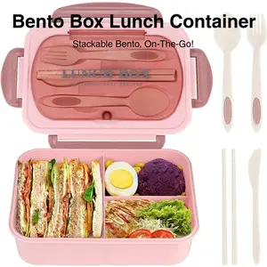 Classic - Adult Bento Box, All-in-One Stackable Lunch Box Container with 3 Compartments, Plastic Utensils, and Nylon Sealing Strap, BPA Free Food Container