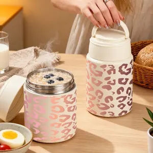 1pc 27/17oz Insulated Food Jar with Rose Gold Leopard Print Design, Lunch Vacuum Soup Thermos For Hot Food with Inserts Stackable Bento Box Storage Container,Width Mouth Stainless Steel Portable Insulated Food J