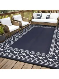 Black, blue, white - 8*10 feet  Outdoor Area Rug Waterproof Plastic Straw Camping Rugs Modern Stylish Geometric Reversible Light Weight Portable Mat UV Resistant Outdoor Carpet For Patio RV Trip Balcony Beach Picnic