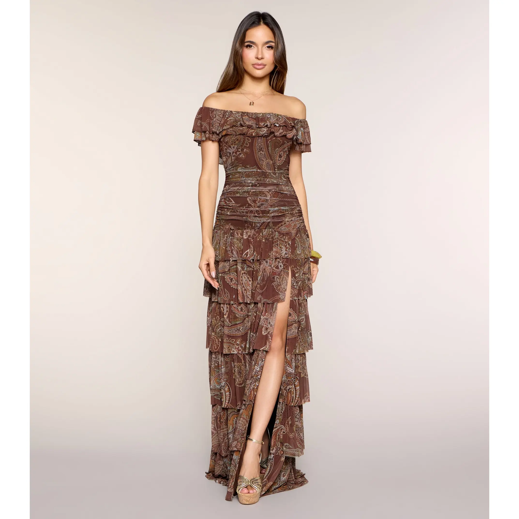 Lila Floral Print Off-The-Shoulder A-Line Dress