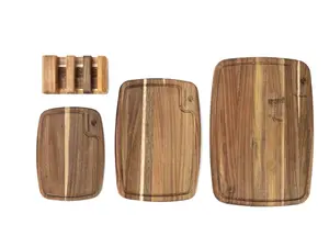 [Set of 4] Acacia Wooden Cutting Board for Kitchen | Heavy Duty Wood Chopping Board with Deep Juice Grooves | Organic Sustainable Meat & Cheese Board | Non-Slip & Knife Friendly outdoorfun Vegetable Fruit