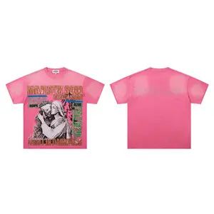 MAJESTIK New American High-Street Streetwear, Vintage Washed Distressed Frayed Edges, Heavy Rhinestone Inlay, Jesus & Virgin Mary Graphic Print, Black Y2K Hip Hop Crew Neck Short Sleeve Cotton T-Shirt Tops