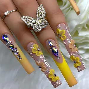 XL Press on ,Long Fake   Press on False  with Flower and Rhinestone Design Holiday Gift for Women 24pcs(&Yellow)