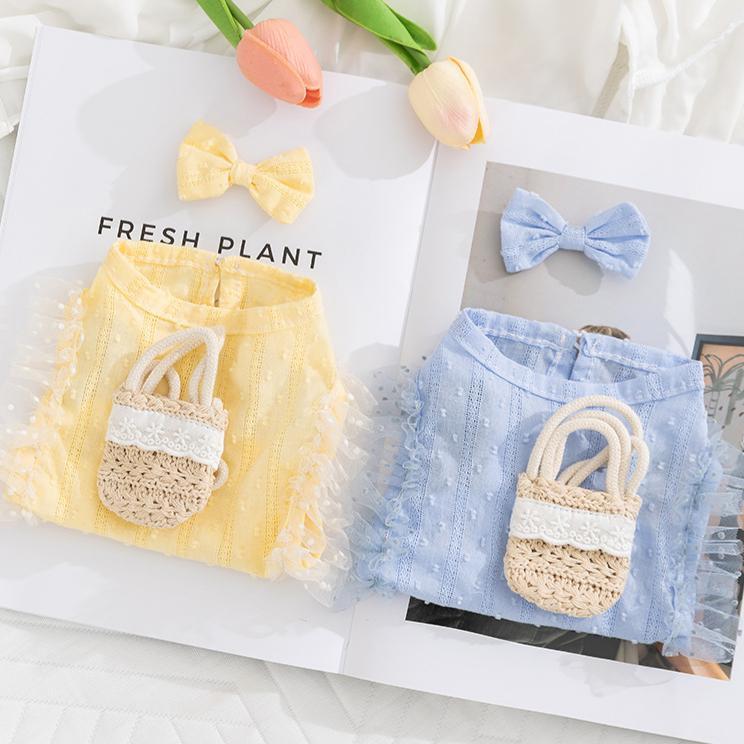 Pet Clothes Dog Cat Princess Mesh Dress sleeveless Cute Breathable With Bowknot Clip & Little Bag D00040