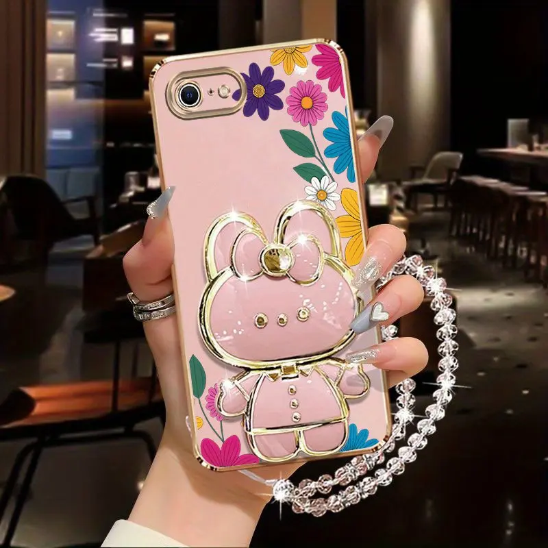 6 Elegant PC Pearl Strap Lanyard Phone Holder Case For Compatible With iPhone 6 Flower Pattern and Rabbit Stand Stand Cover Protective