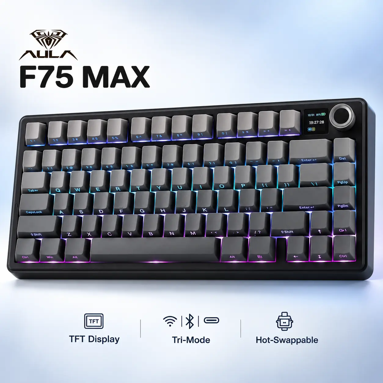 AULA F75 MAX Cordless Mechanical Keyboard, 75% Gasket PC Gaming Keyboard with TFT Screen, Knob, Hot-Swappable RGB, Tri-Mode, Side-Printed PBT Keycaps, PC Accessories, Cool Tech Gadgets for Gaming #tiktokshopstockup