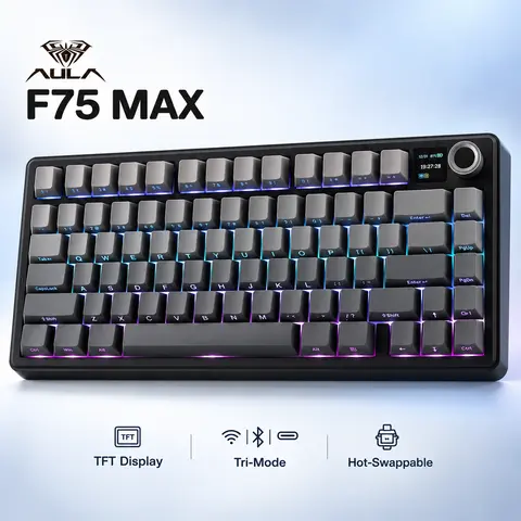 AULA F75 MAX Rechargeable 2.4G Tri-Mode Cordless 75% Gasket Illuminated Mechanical Keyboard - RGB Lighting, TFT Screen, Knob, Hot-Swappable Keys, Side-Printed PBT Keycaps, Gaming Accessories, PC Accessories