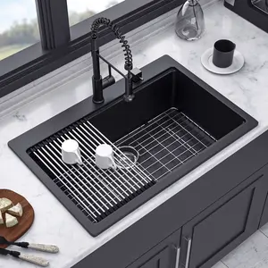 33" x 22" Drop-in Single Bowl Quartz/Granite Composite Kitchen Sink with Workstation in Matte Black RX-QS04-3322B