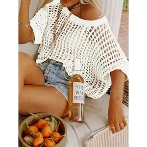 Womens Summer Scoop Neck Short Sleeve Sweater Casual Crochet Hollow Out Knit Tops Pullover Shirts Beach Coverup